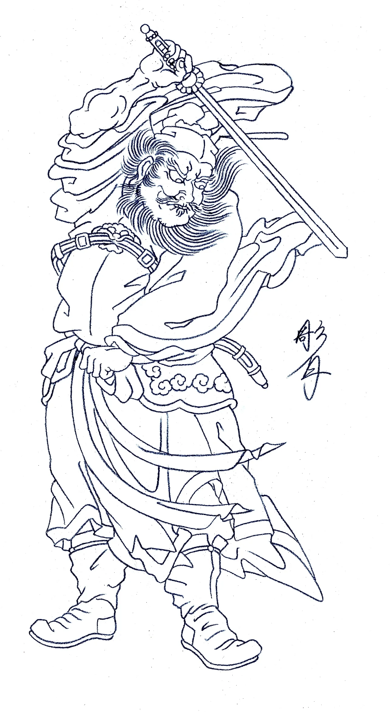 刀を持つ武者を描いた和彫りタトゥーデザイン