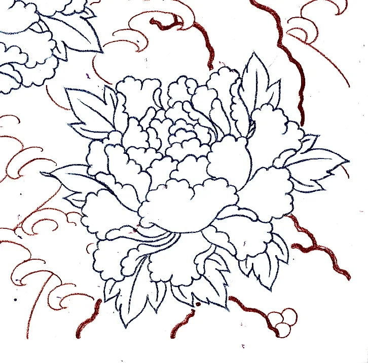 牡丹の花を描いた和彫りタトゥーデザイン