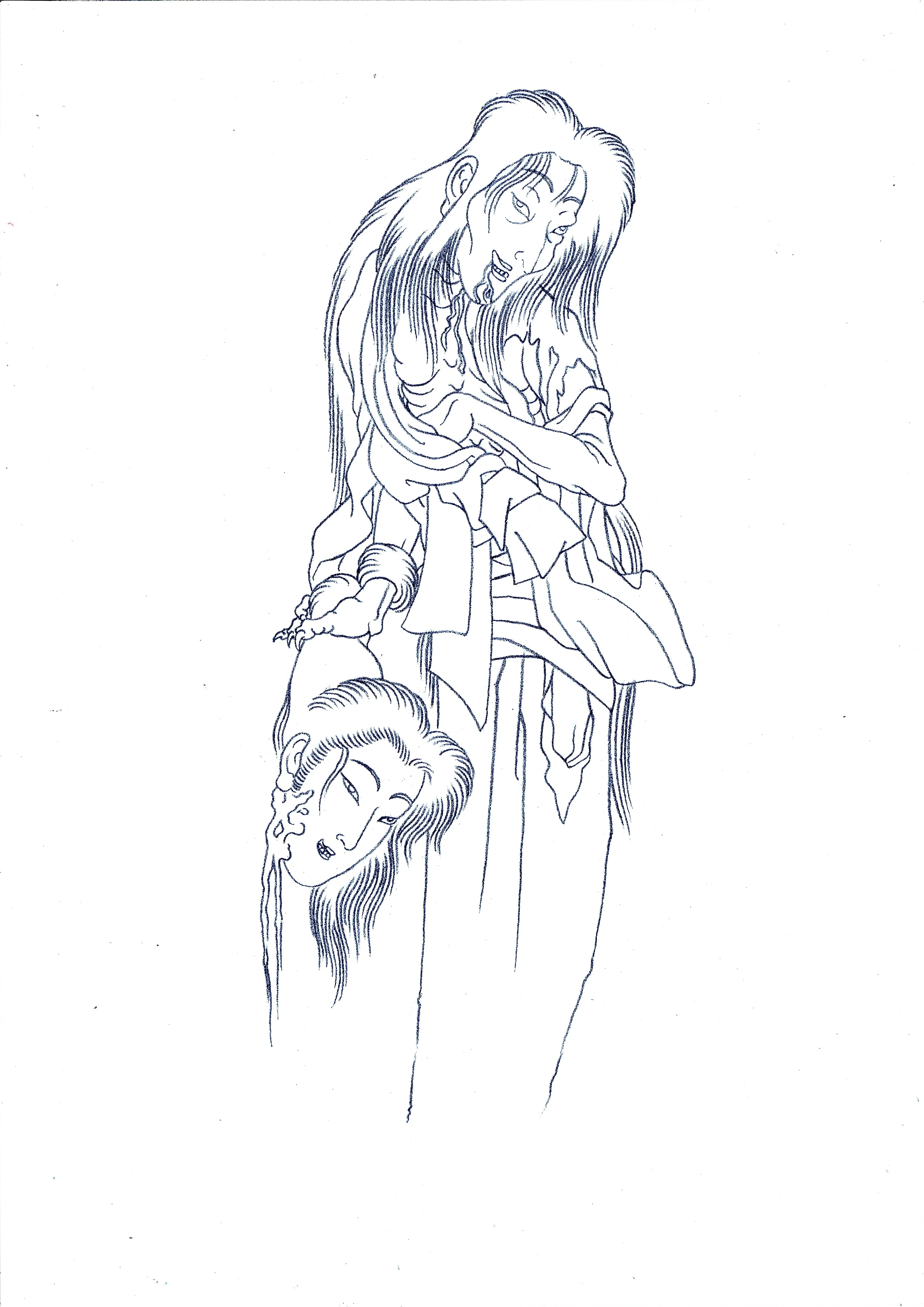 長い髪の女性を描いた和彫りタトゥーデザイン