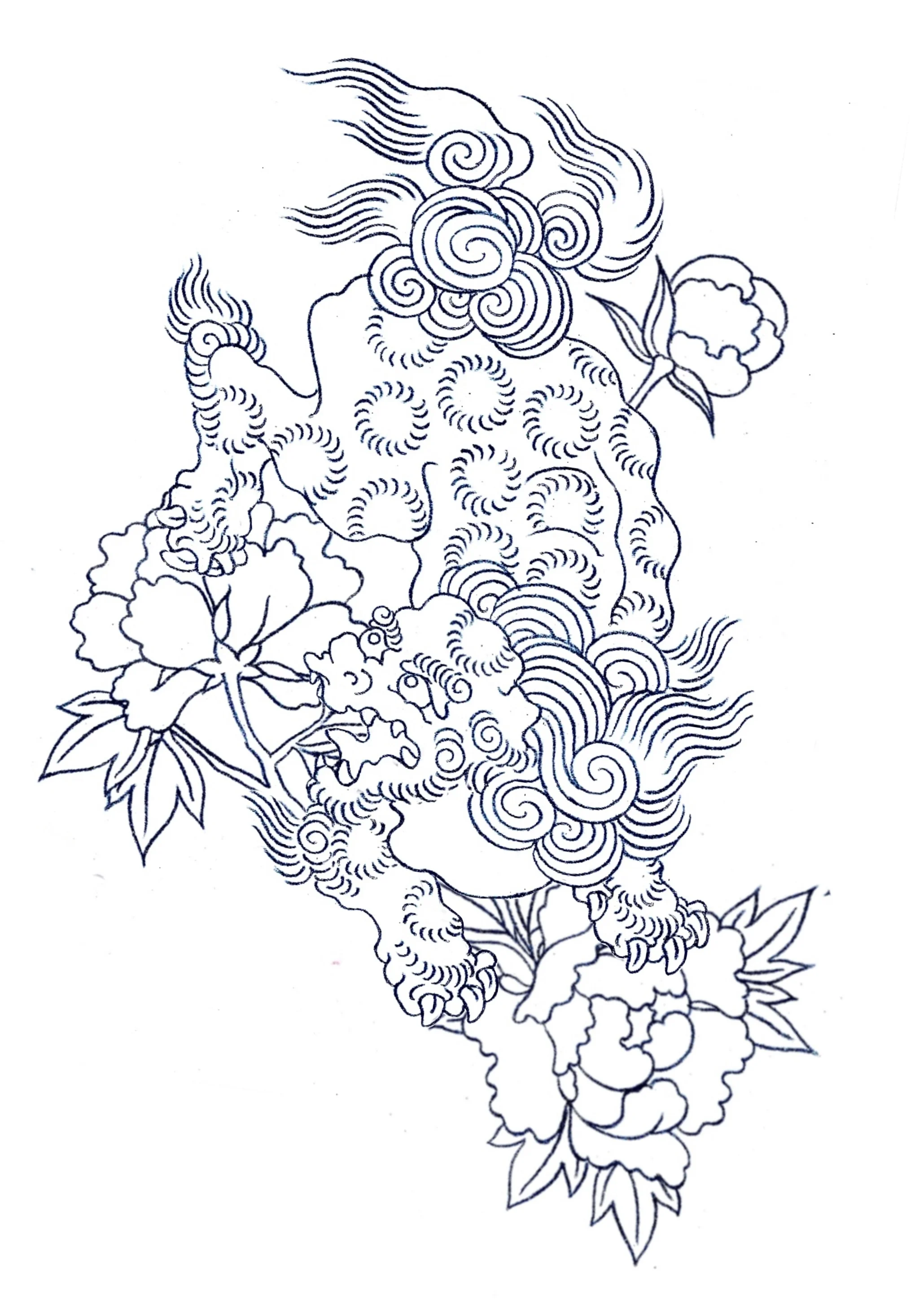 雲と牡丹を描いた和彫りタトゥーデザイン